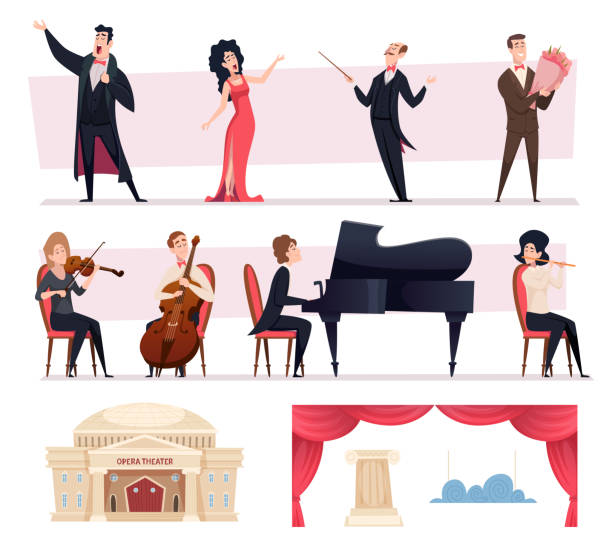 illustrazioni stock, clip art, cartoni animati e icone di tendenza di cantanti. personaggi dei cartoni animati della banda musicale per eventi teatrali set di modelli di opera vettoriale esatti - musical instrument people music young adult