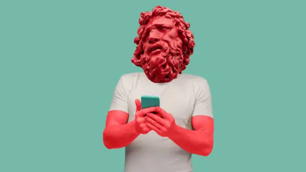 Abstract modern collage. The man with the plaster head of David guy received shocking news on a smartphone on a blue background.