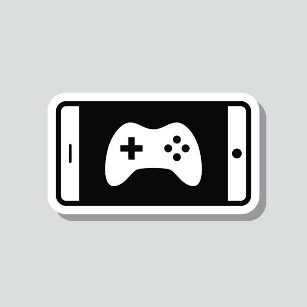 gra wideo na smartfona. naklejka ikony na szarym tle - three dimensional shape joystick gamepad computer icon stock illustrations