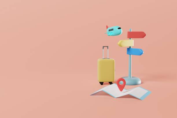 istock Travel concept with map, direction sign pole, plane and suitcase on orange background. 3 rendering 1413577841