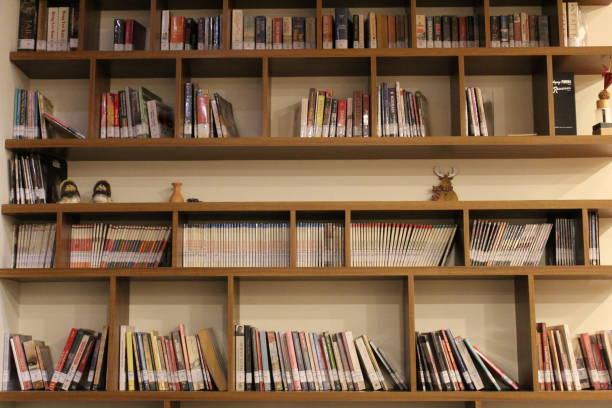 Horizontal corner of a multi-color bookcase arranged in rainbow order against a blue wall.