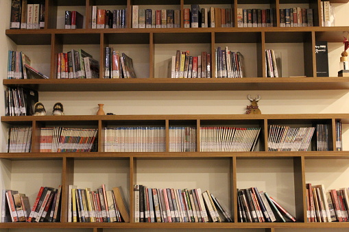 Minimalism Library Interior and Aesthetic Book Placement with Brown Colored Bookshelf in Bandung, West Java, Indonesia.