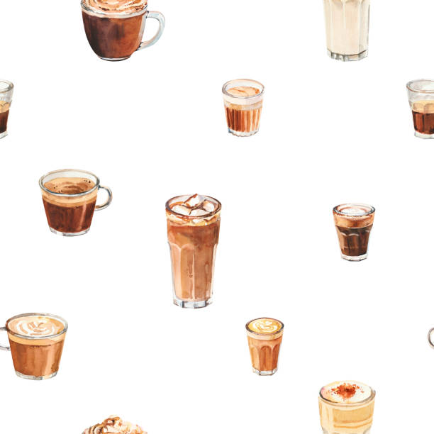 illustrazioni stock, clip art, cartoni animati e icone di tendenza di bevanda al caffè acquerello dipinta a mano per il menu del caffè. tazza di caffè ad acquerello disegnata a mano cappuccino, bianco piatto, caffè latte. - bean latté pattern frame