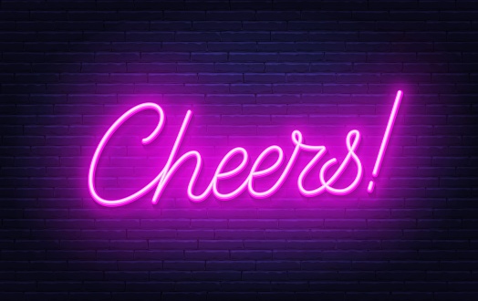 Cheers neon lettering on brick wall background.