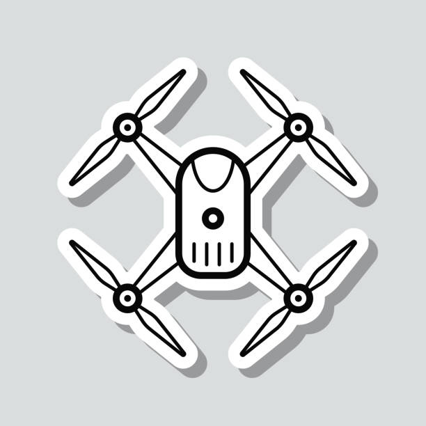 ilustraciones, imágenes clip art, dibujos animados e iconos de stock de drone - quadcopter. pegatina de icono sobre fondo gris - gray background audio