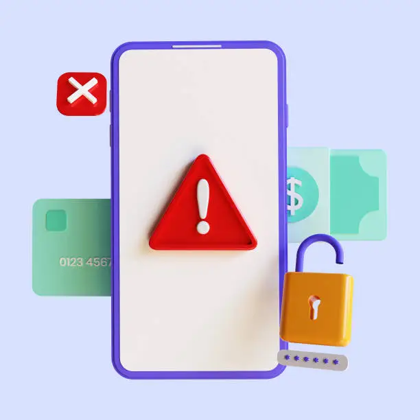 Phone with attention alert sign, red hazard with exclamation mark symbol, mobile fraud warning, online scam alert, important message. 3d rendering