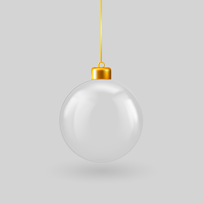 Transparent Christmas ball hanging on golden stripe, vector realistic 3D illustration. Xmas and New Year greeting cards decoration, bauble holiday ball decorative element