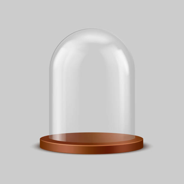 istock Cylinder dome, transparent case for exhibitions, kitchen utensils and Christmas souvenirs. Vector illustration of 3D realistic exhibition display with light wood plate, clean crystal case 1413581993