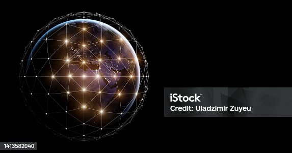 istock Global technologies data on the world map banner background. 3d computer network covering the planet Earth. 5G, navigation, internet concept. Elements of this image were furnished by NASA. 1413582040