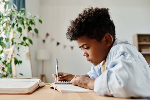 istock Schoolboy doing homework at home 1413582226