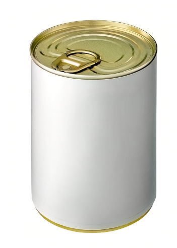 Can with blank white label isolated on white.