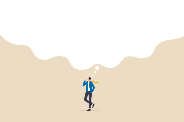 ilustraciones, imágenes clip art, dibujos animados e iconos de stock de piensa en grande, ambición al éxito, sueña en grande para cambiar el mundo o contemplación para obtener solución para resolver un gran problema, imaginación o concepto de creatividad, hombre de negocios inteligente pensando con gran burbuja. - solución de burbuja gigante