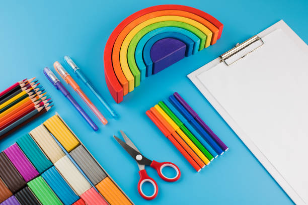 istock Stationery for creativity on a blue background. Back to school. Copy space. 1413582839