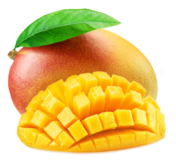 istock Mango fruit with green leaf and mango cut in hedgehog style isolated on white background. 1413583542