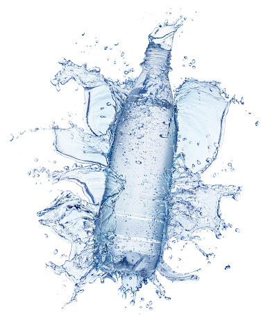 Bottle of water in the water splash and water splash crown on top. File contains clipping path.