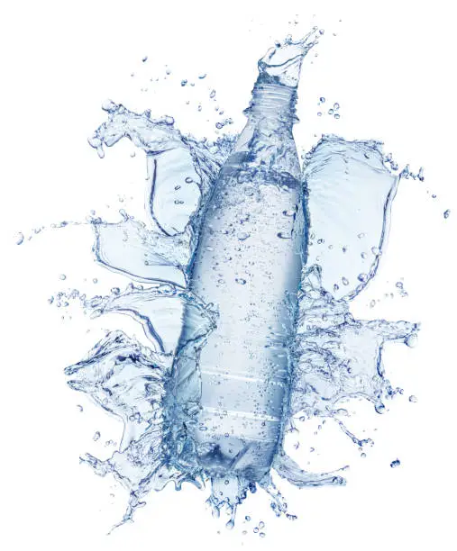 Photo of Bottle of water in the water splash and water splash crown on top. File contains clipping path.
