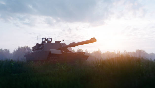 istock Military tank in combat on the field 1413583990