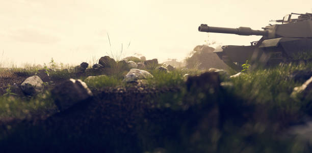 istock Military tank in combat on the field 1413583999