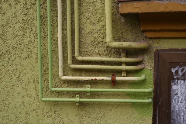 istock Metal pipes painted in green in the front wall 1413584009
