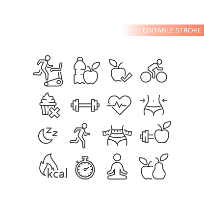 Fitness, weight loss and healthy eating and lifestyle outlined icons
