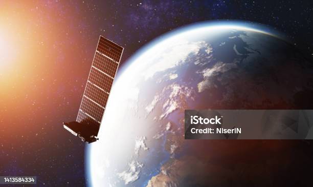 Internet Starlink Satellite In Space Near Earth Stock Photo - Download Image Now - Satellite, Satellite Dish, Solar Energy