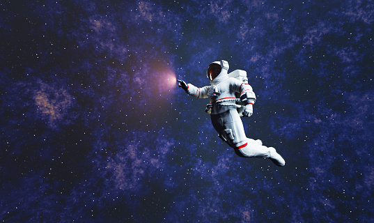 Astronaut spacewalk in space and touching orb of light. 3D render