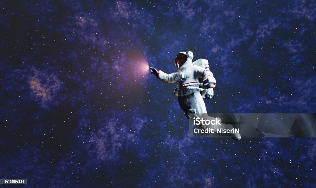 Astronaut spacewalk in space and touching orb of light. Astronaut spacewalk in space and touching orb of light. 3D render Astronaut Stock Photo