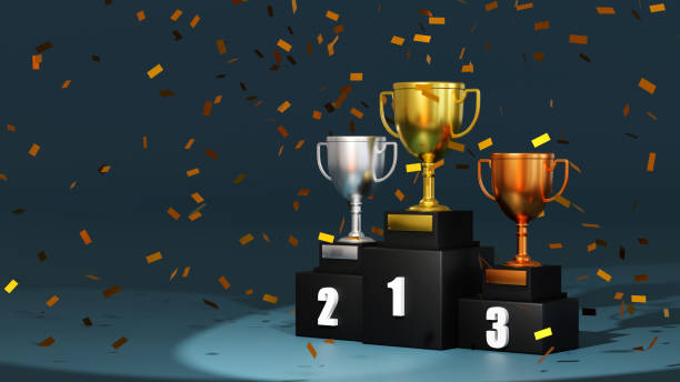 istock Gold champion trophy on winner 1, 2, 3 podium, stage for the first, second and third place, 3D rendering. 1413585614