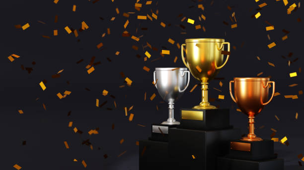 istock Gold champion trophy on winner 1, 2, 3 podium, stage for the first, second and third place, 3D rendering. 1413585641