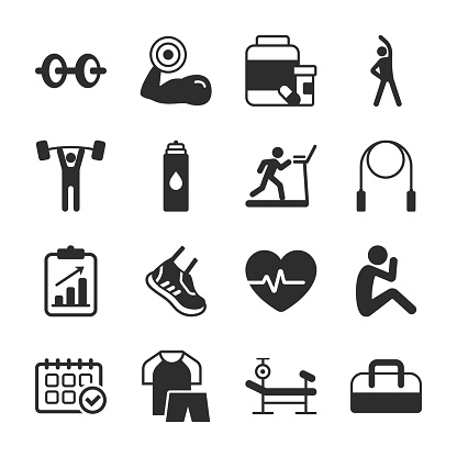 Gym icons set. Various physical training. Sports equipment.. Monochrome black and white icon. Vector illustration