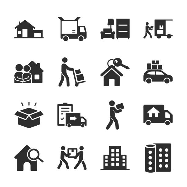 illustrazioni stock, clip art, cartoni animati e icone di tendenza di spostamento, set di icone di ricollocazione. uscire di casa per un altro posto dove vivere. carico e scarico di mobili, camion e traslochi. ricerca di alloggi. icona monocromatica in bianco e nero. - porta-immagine