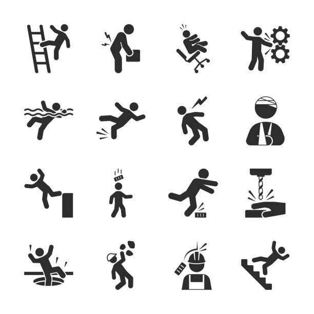 sada ikon úrazů při práci. varování. nehoda, pád a náraz. monochromatická černobílá ikona. - trauma stock ilustrace