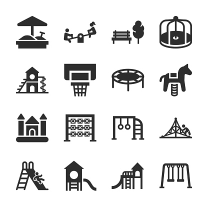 Playground icons set. Jungle gym. Children's amusement park, a place for children and parents to leisure. Slide, sandpit, merry-go-round, seesaw. Monochrome black and white icon. Vector illustration