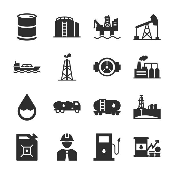 стокові ілюстрації на тему масло, набір паливних значків. нафтова промисловість. видобуток викопного ресурсу, транспортування, використання. монохромний чорно-білий - неочищена нафта