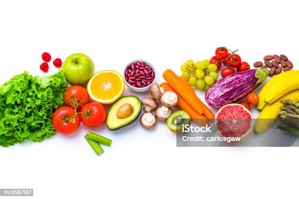 Fresh Multicolored Fruits And Vegetables On White Background Stock Photo - Download Image Now