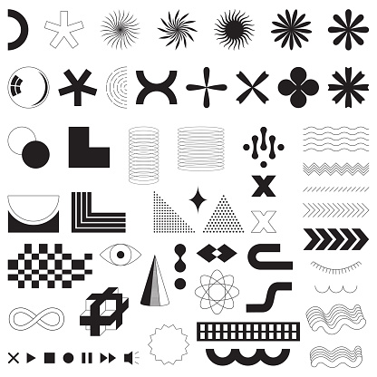 A set of graphic elements. Bauhaus and brutalism style inspired. Vector abstract linear elements and bold geometric shapes. Great for posters, flyers, covers, web design. Retro futurism shapes. Vector
