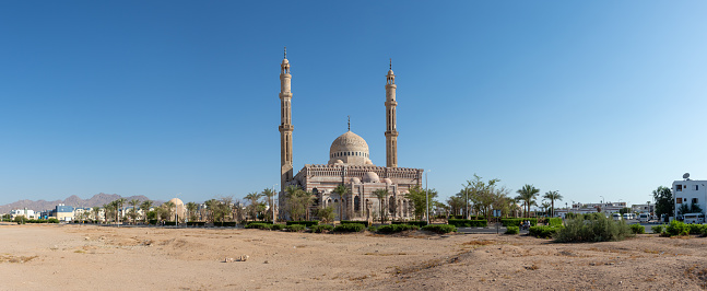 Mustafa Mosque is a large Islamic temple in Sharm El Sheikh, Sinai Peninsula, Egypt. Religion concept. Panorama picture.
