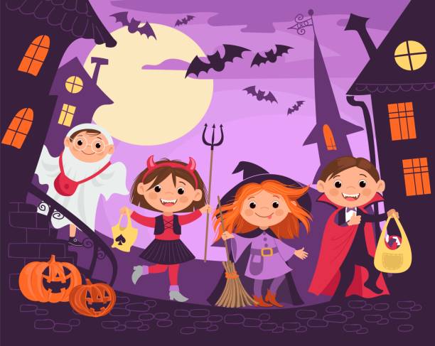 ilustrações de stock, clip art, desenhos animados e ícones de halloween city. kids on naughty street. children in holiday monster costumes. boys and girls walk at night. trick or treat banner. spooky ghosts evening. pumpkins and bats. vector concept - halloween witch child pumpkin