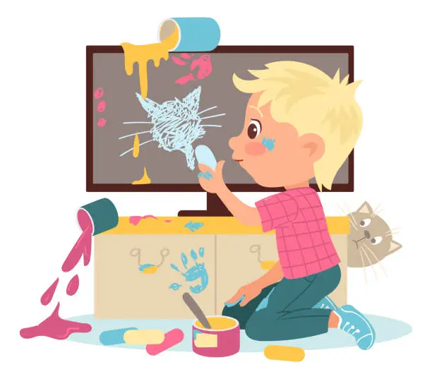 Vector illustration of Kids destroy. Children bad behavior. Boy painting wall and drawing on blackboard with chalk. Paint spots or splash. Baby spoiling things. Home mess. Destructive game. Vector illustration