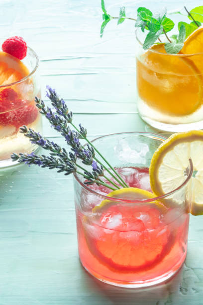 istock Summer cocktails or mocktails, cold drinks with fruit and lavender flowers 1413590008