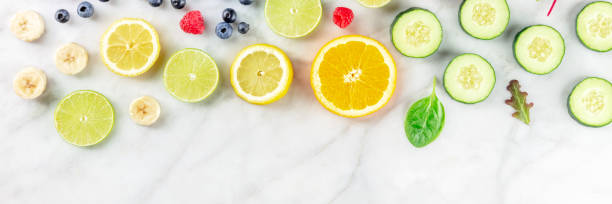 istock Fresh summer food panorama, fruit and vegetable salad ingredients 1413590067