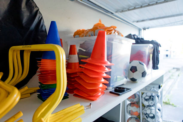 Football equipment in a generic storage space
