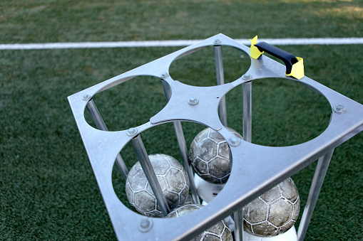 Football equipment on a sports soccer field