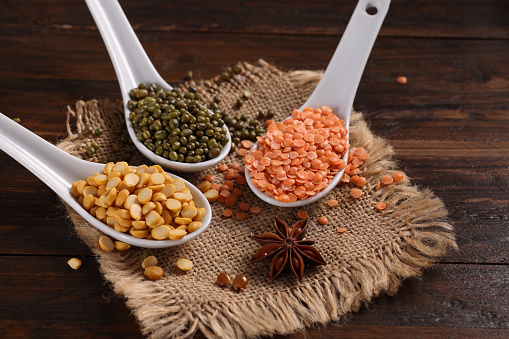 Green Yellow and Red Chana Dal or Split Gram Lentils or Pulses as ingredients toward Indian and South Asian Cuisine