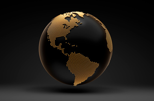 Golden and black earth globe floating on dark background - 3D illustration