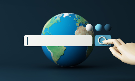 Globe and search bar minimal internet concept in the new world concept and wireless connection to find and work in the future world on a blue background. 3d rendering