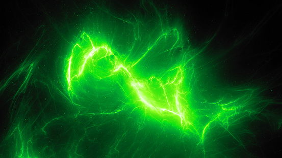Green glowing high energy plasma energy field in space, computer generated abstract background, 3D rendering