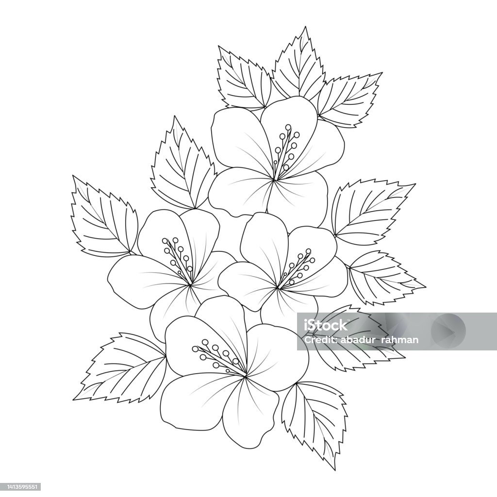 China Rose Flower Drawing With Black Line Art Design For Print ...