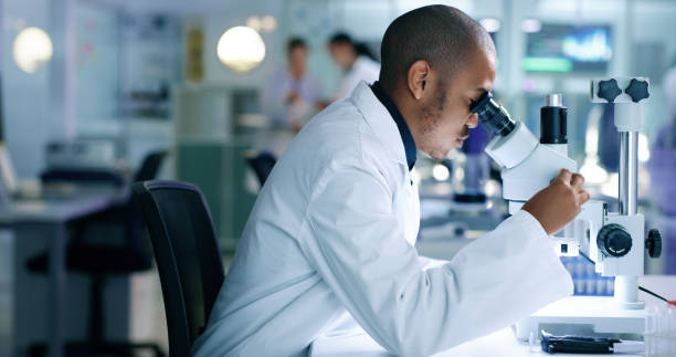 forscher analysieren eine probe, schauen in ein mikroskop, führen ein experiment durch. männlicher biologe oder chemiker, der in einem labor an einer futuristischen medizinischen entwicklung arbeitet. - mikroskop stock-fotos und bilder
