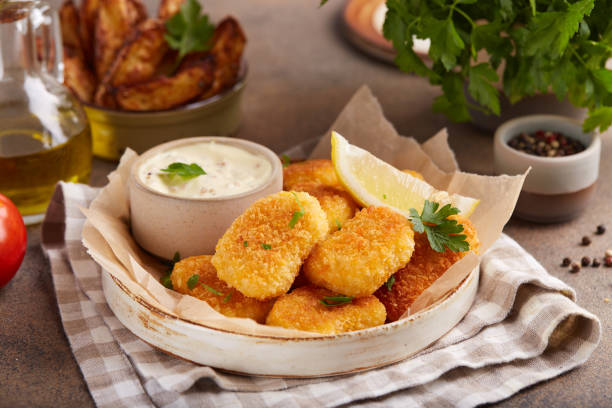 istock Fish nuggets served with potato wedges and sauce 1413597433